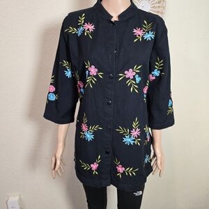New Directions  Womens XL Black Embroidery Floral Button Up 60%linen 40% Cotton